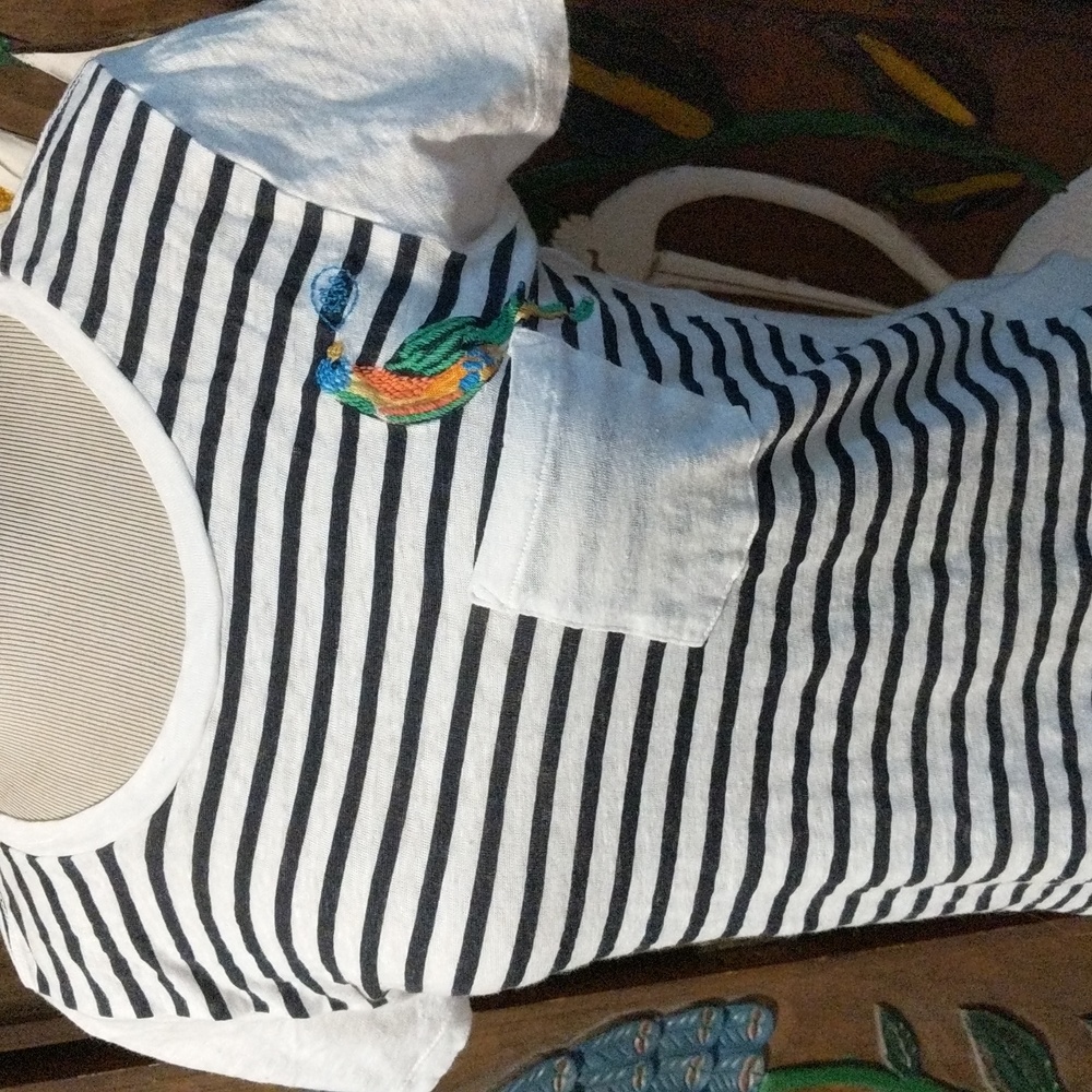 J. Crew 100% Linen Striped Tee with Embroidered Bird Size S